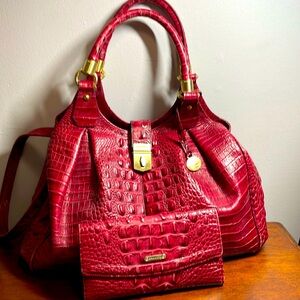 Brahmin Elisa Lg Hobo Crimson Croc-Embossed Shoulder Bag with matching wallet.
